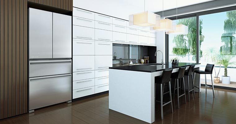 Mitsubishi glass french door on sale fridge
